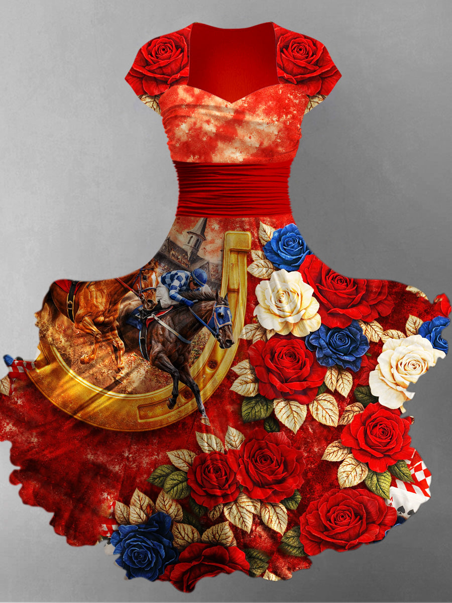 Retro Derby Horse Art Printed Vintage V-Neck Pleated Waist Short Sleeve Midi Dress
